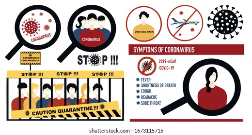 Coronavirus Pandemic sign set. Stop, quarantine, attention Covid-19 , 2019-nCoV Novel Coronavirus , Cancellation of flights , face mask sign and symptoms COVID-19 