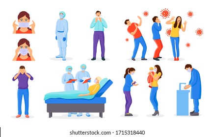 Coronavirus pandemic, symptoms, treatment. Coronavirus prevention. Doctors and patient wearing protective face masks, protection against Chinese virus. Hand washing, disinfection cartoon vector