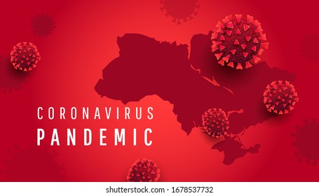 Coronavirus pandemic text outbreak with map. The borders of the state of Ukraine are infected with the deadly virus of acute respiratory disease on a red background