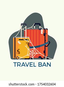 Coronavirus pandemic travel ban concept vector illustration. Unneeded luggage suitcases left unused and abandoned for so long that there is a spiderweb on them