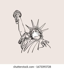 Coronavirus pandemic in the United States, Sketch of Statue of Liberty in medical face mask, New York City, USA, Hand drawn illustration