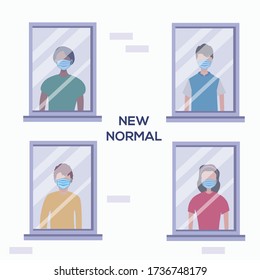 Concepto de vector pandémico de coronavirus: Gente con mascarilla dentro de un edificio que es nuestra nueva normalidad