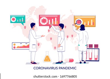 Coronavirus pandemic, vector flat illustration. Doctors, medical specialists analysing corona virus respiratory disease world spread stats. Novel virus identified in Wuhan spreading around the world.