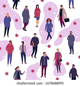 Coronavirus pandemic. Vector illustration of large multiethnic group of people in casual clothes and medical masks walking among viruses abstract background. Isolated on white.