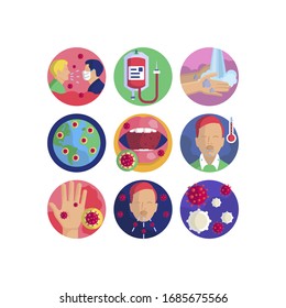 Coronavirus pandemic vector illustrations icon set. Flat icons for your medical project. 