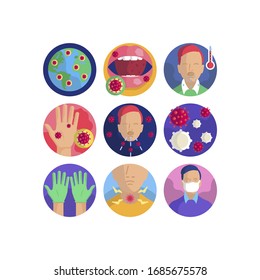Conjunto de iconos de ilustraciones vectoriales de la pandemia de coronavirus. Iconos planos para su proyecto médico. 