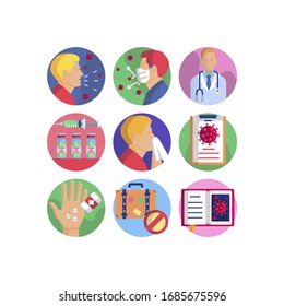 Conjunto de iconos de ilustraciones vectoriales de la pandemia de coronavirus. Iconos planos para su proyecto médico. 