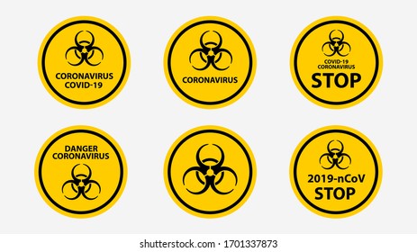 Coronavirus pandemic warning signs collection on yellow background