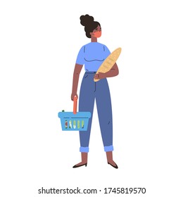 Coronavirus pandemic.African American woman shopping during quarantine in a protective mask.Young woman with groceries and basket.Colorful character.Vector illustration in flat style.