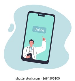 Coronavirus pandemic.Medicine during quarantine.Doctor online on mobile phone.Doctor with online medical consultation concept.Healthcare services,Vector colorful illustration.Flat cartoon character