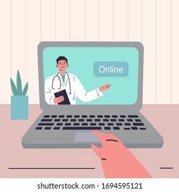 Coronavirus pandemic.Medicine during quarantine.Doctor online on laptop.Doctor with online medical consultation concept.Healthcare services,Vector colorful illustration.Flat cartoon character