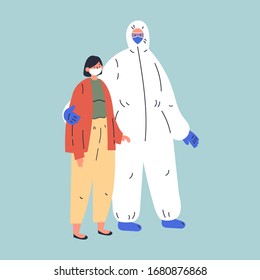 Coronavirus pandemic.Novel coronavirus 2019-nCoV .Infected woman in white medical face mask with doctor in protective suit.Concept of coronavirus quarantine vector illustration.Flat cartoon character