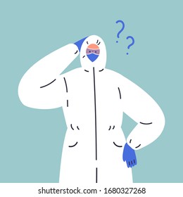 Coronavirus pandemic.Novel coronavirus 2019-nCoV.Doctor in white medical protective suit and blue gloves with a question mark.Coronavirus quarantine vector illustration.Flat cartoon character