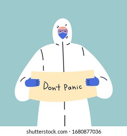 Coronavirus pandemic.Novel coronavirus 2019-nCoV.Doctor in white medical protective suit and blue gloves holding a tablet.Do not panic.Coronavirus quarantine vector illustration.Flat cartoon character