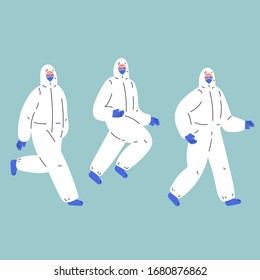 Coronavirus pandemic.Novel coronavirus 2019-nCoV.Doctors and hospital staff in white medical protective suit run to the rescue.Coronavirus quarantine vector illustration.Flat cartoon character