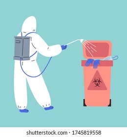 Coronavirus pandemic.Novel coronavirus 2019-nCoV.Human in white medical protective suit disinfects medical waste.Coronavirus quarantine vector illustration.Flat cartoon character