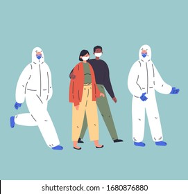 Coronavirus pandemic.Novel coronavirus 2019-nCoV.Infected couple in white medical face mask with doctors in protective suit.Concept of coronavirus quarantine vector illustration.Flat cartoon character