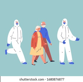 Coronavirus pandemic.Novel coronavirus 2019-nCoV.Infected old couple with doctors in protective suit going to the hospital.Concept of coronavirus quarantine vector illustration.Flat cartoon character