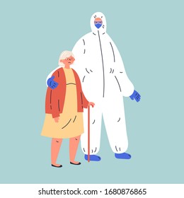 Coronavirus pandemic.Novel coronavirus 2019-nCoV.Infected old woman with doctor in protective suit going to the hospital.Concept of coronavirus quarantine vector illustration.Flat cartoon character