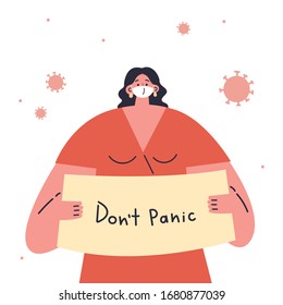 Coronavirus pandemic.Novel coronavirus 2019-nCoV.Woman in white medical protective mask holding a tablet with message.Do not panic.Coronavirus quarantine vector illustration.Flat cartoon character