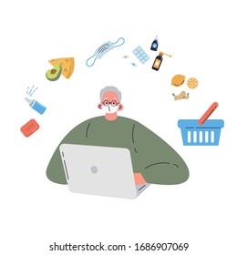 Coronavirus pandemic.Novel virus 2019-nCoV.Old men buys products online during quarantine in a protective white mask.Coronavirus quarantine.Colorful vector illustration in flat cartoon style.