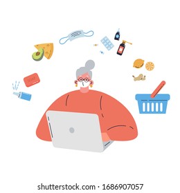 Coronavirus pandemic.Novel virus 2019-nCoV.Old women buys products online during quarantine in a protective white mask.Coronavirus quarantine.Colorful vector illustration in flat cartoon style.