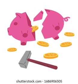 Coronavirus pandemic.Novel virus 2019-nCoV.Broken piggy bank with savings.Concept of coronavirus economic crisis during quarantine.Broken piggy bank with coins and hammer.Flat vector illustration.