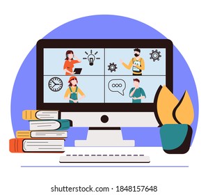 Coronavirus pandemic.Novel virus 2019-nCoV.Video conference landing.People on computer screen taking with colleague.Remote work during quarantine.Vector colorful illustration.Flat cartoon character