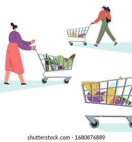 Coronavirus pandemic.Novel virus 2019-nCoV.Women buy products during quarantine in a protective white mask.Concept of coronavirus quarantine illustration.Template for your text.Flat character
