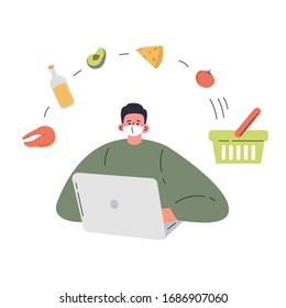 Coronavirus pandemic.Novel virus 2019-nCoV.Young men buys products online during quarantine in a protective white mask.Coronavirus quarantine.Colorful vector illustration in flat cartoon style.