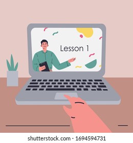 Coronavirus pandemic.Online courses and video lessons on laptop.Education during coronavirus quarantine. Student studying online in isolation.Vector colorful illustration.Flat cartoon character