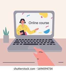 Coronavirus pandemic.Online courses and video lessons on laptop.Education during coronavirus quarantine. Student studying online in isolation.Vector colorful illustration.Flat cartoon character