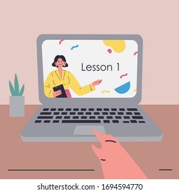 Coronavirus pandemic.Online courses and video lessons on laptop.Education during coronavirus quarantine.Student studying online in isolation.Vector colorful illustration.Flat cartoon character
