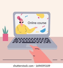 Coronavirus pandemic.Online courses and video lessons on laptop.Education during coronavirus quarantine. Student studying online in isolation.Vector colorful illustration.Flat cartoon character