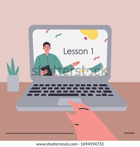 Coronavirus pandemic.Online courses and video lessons on laptop.Education during coronavirus quarantine. Student studying online in isolation.Vector colorful illustration.Flat cartoon character