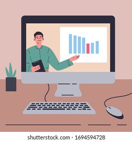 Coronavirus pandemic.Video conference landing.Man on computer screen shows financial report, post-crisis growth chart.Remote work during quarantine.Vector colorful illustration.Flat cartoon character