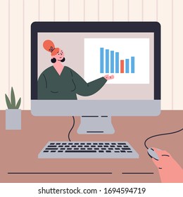 Coronavirus pandemic.Video conference landing.Woman on computer screen shows financial report,post-crisis growth chart.Remote work during quarantine.Vector colorful illustration.Flat cartoon character