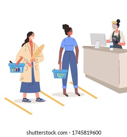 Coronavirus pandemic.Women shopping in a protective masks in a supermarket.Young women with baskets keep their distance from each other.Colorful characters.Vector illustration in flat style.