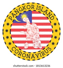 Coronavirus in Pangkor Island sign. Round badge with shape of Pangkor Island. Yellow lockdown emblem with title and virus signs. Vector illustration.
