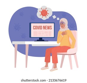 Coronavirus Panic Attack 2D Vector Isolated Illustration. Woman Scared Of Virus Flat Characters On Cartoon Background. Covid Colourful Scene For Mobile, Website, Presentation. Bebas Neue Font Used