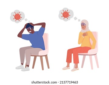 Coronavirus panic attack semi flat color vector characters set. Sitting figures. Full body people on white. Simple cartoon style illustration for web graphic design and animation collection