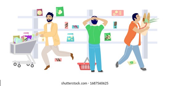 Coronavirus Panic Buying, Vector Flat Illustration. Anxious Male Characters Wearing Medical Masks Emptying Shelves In Supermarket Or Grocery Store. Food Shortage Fear, Stop Panic Buying Concept.