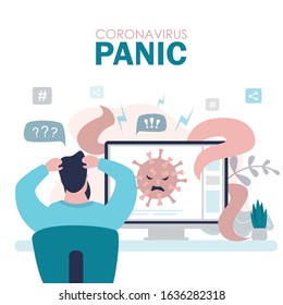 Coronavirus panic concept banner. A man watches news about a new virus and is afraid of infection. Bacterium avatar on screen.Possible global epidemic. Trendy vector illustration