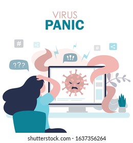 Coronavirus panic concept banner. Woman watches news about a new virus and is afraid of infection. Bacterium avatar on screen. Possible global epidemic. Trendy vector illustration