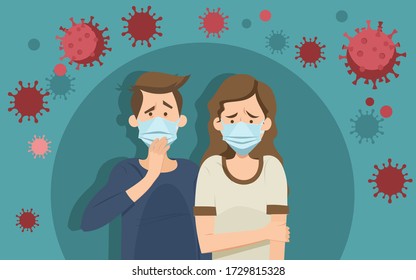 Coronavirus panic concept. Stressed anxious people wearing face masks inside round bubble surrounded by corona virus. Vector illustration for lockdown, avoidance, epidemic, pandemic concepts.