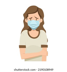 Coronavirus panic concept. Stressed anxious woman wearing face masks against virus. Vector illustration for lockdown