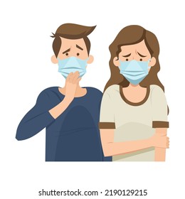 Coronavirus panic concept. Stressed anxious people wearing face masks inside round bubble surrounded by corona virus. Vector illustration for lockdown