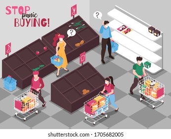 Coronavirus Panic Food Buying Behavior Isometric Compositions With Customers  Grabbing Last Items From Empty Shelves Vector Illustration 