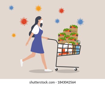 Coronavirus Panic Shopping COVID-19 Concept. Woman With Full Cart Buying All Groceries.