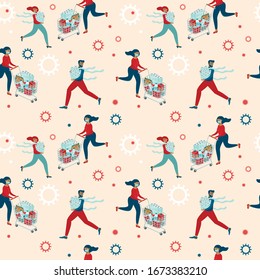 Coronavirus Panic Shopping. Terrified People Runnig with Full Carts buying all Groceries They Can Find In Supermarket. COVID-19 Concept Flat Vector Seamless Pattern